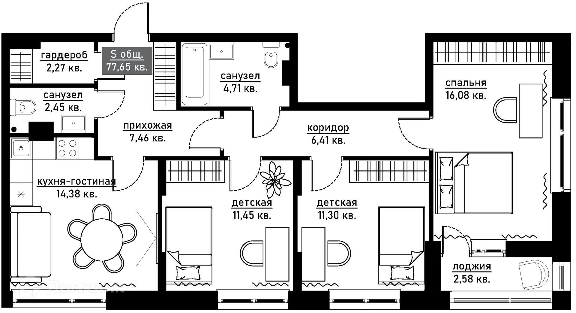 Планировка: 3-комн. квартира 77.65 м² в новостройке ЖК Аура