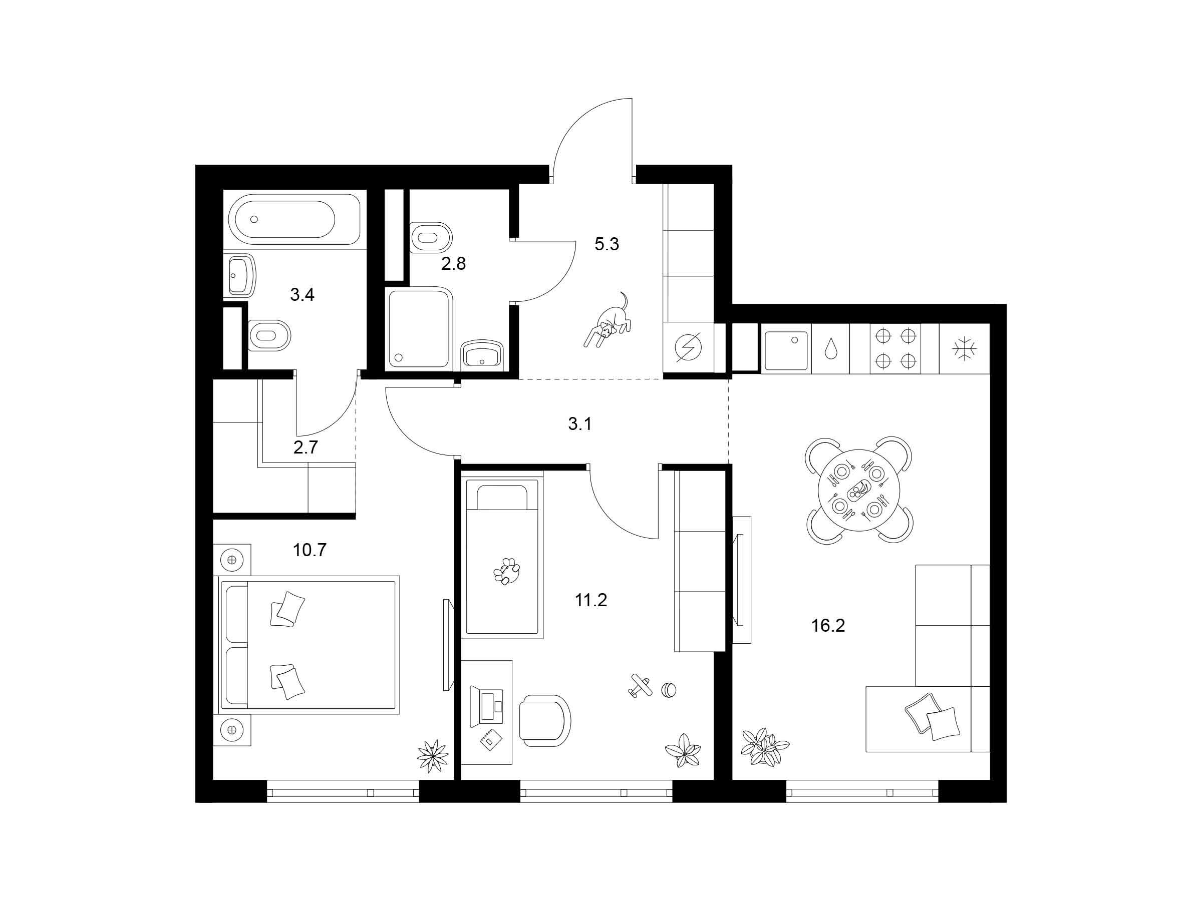 Планировка: 2-комн. квартира 55.40 м² в новостройке Руставели 14
