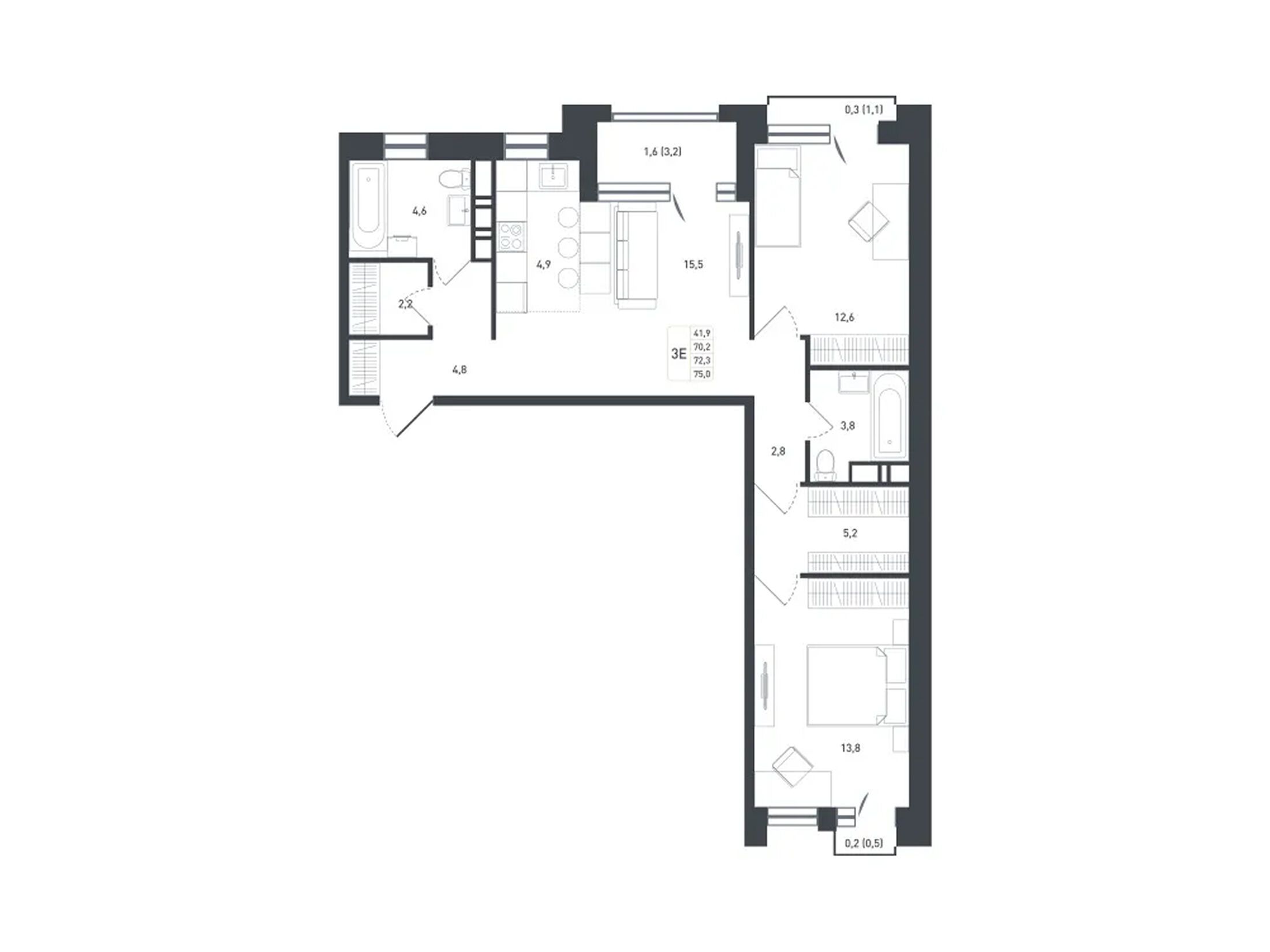 Планировка: 3-комн. квартира 76.10 м² в новостройке Новая Щербинка