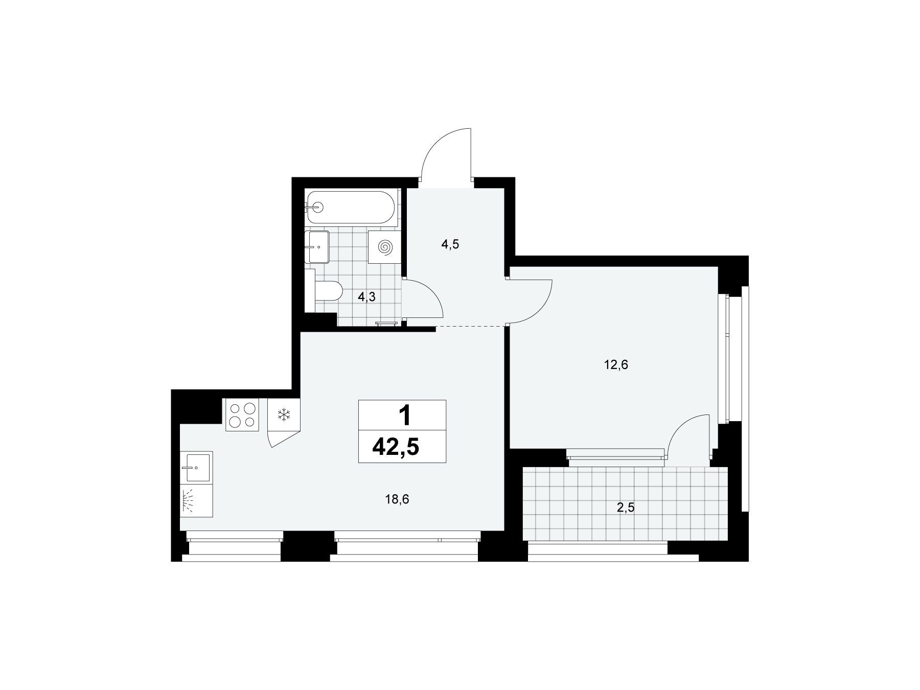 Планировка: 1-комн. квартира 42.50 м² в новостройке Хольм