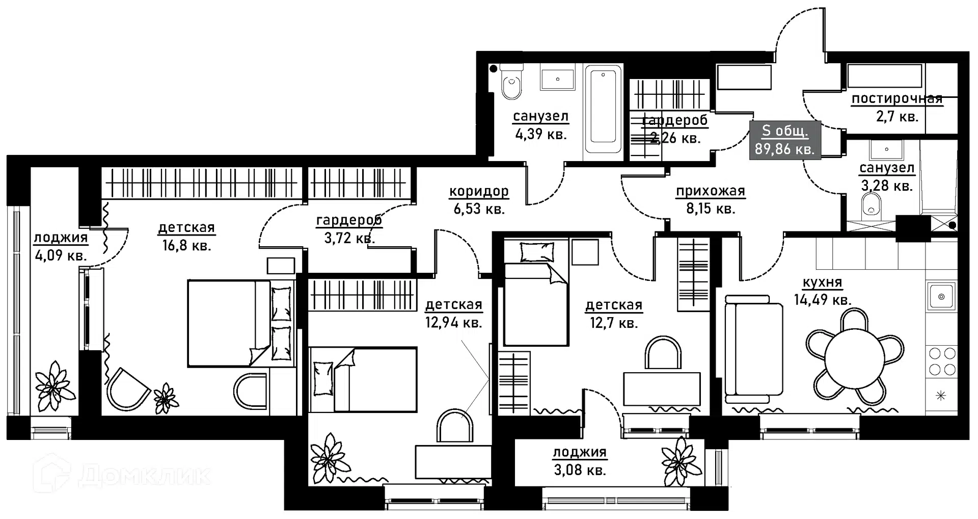 Планировка: 3-комн. квартира 89.86 м² в новостройке null