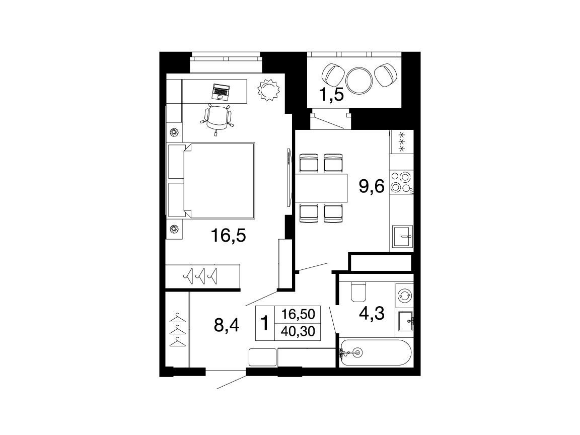 Планировка: 1-комн. квартира 38.80 м² в новостройке Времена года