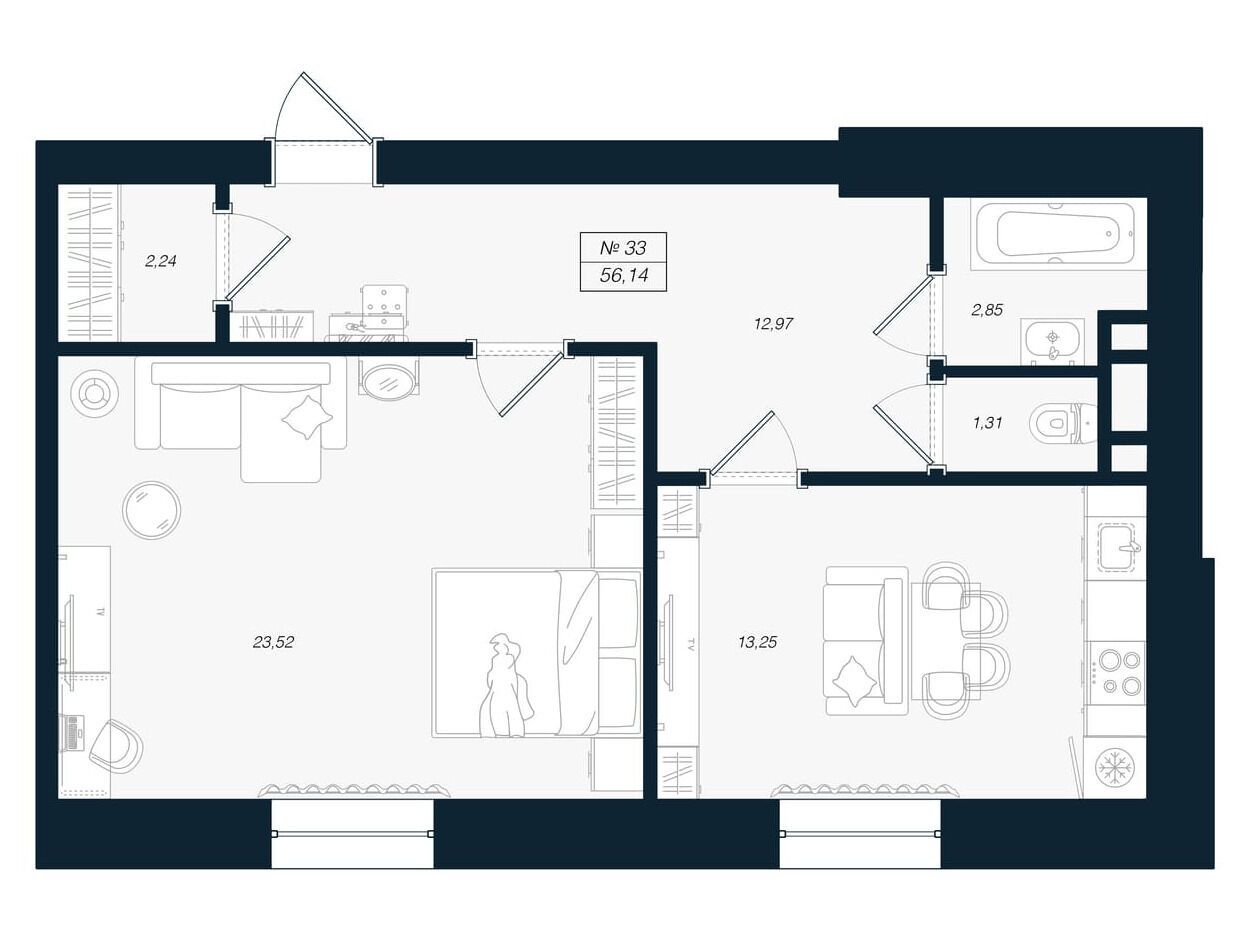 Планировка: 2-комн. квартира 56.14 м² в новостройке Феникс Рощино