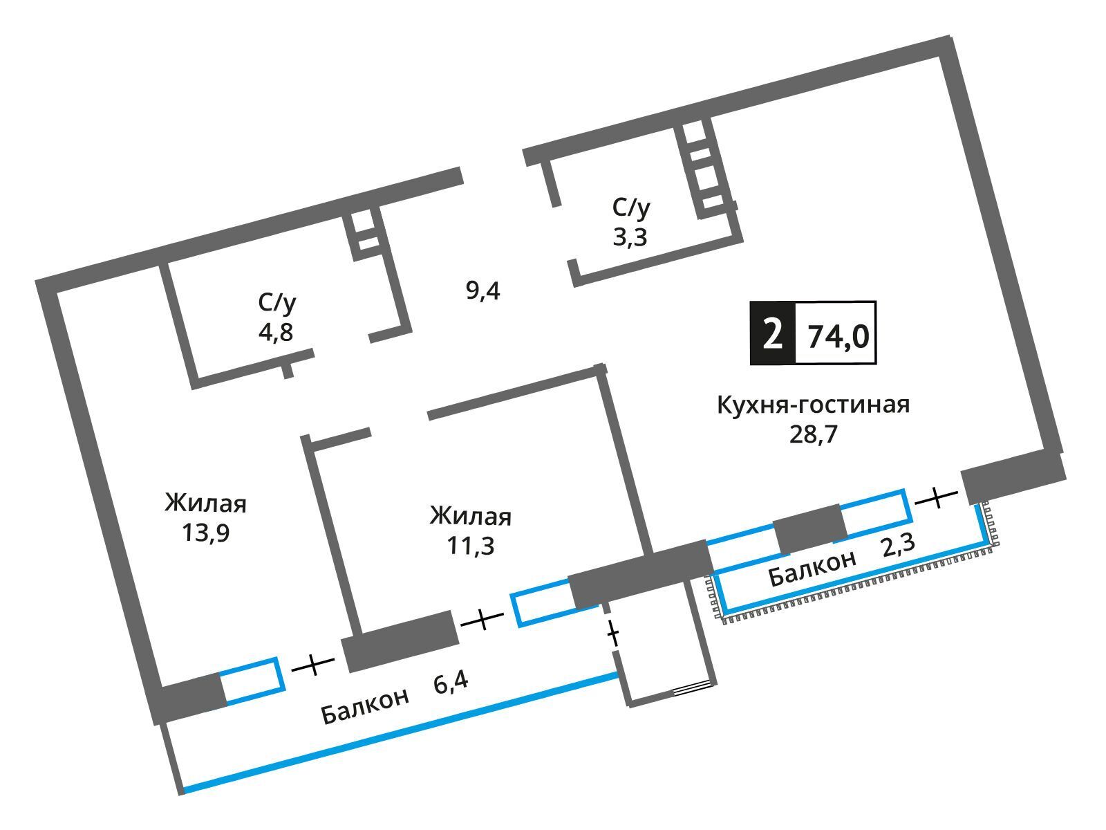 Планировка: 2-комн. квартира 71.50 м² в новостройке Отрада на реке