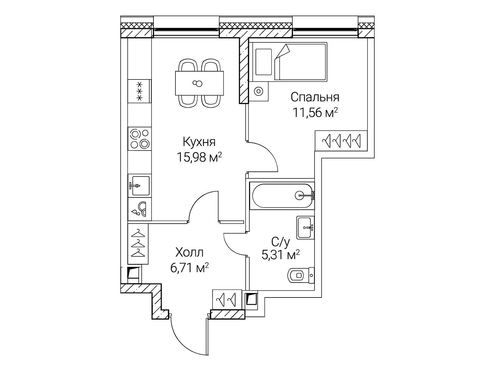 Планировка: 1-комн. квартира 39.56 м² в новостройке Сезар Сити