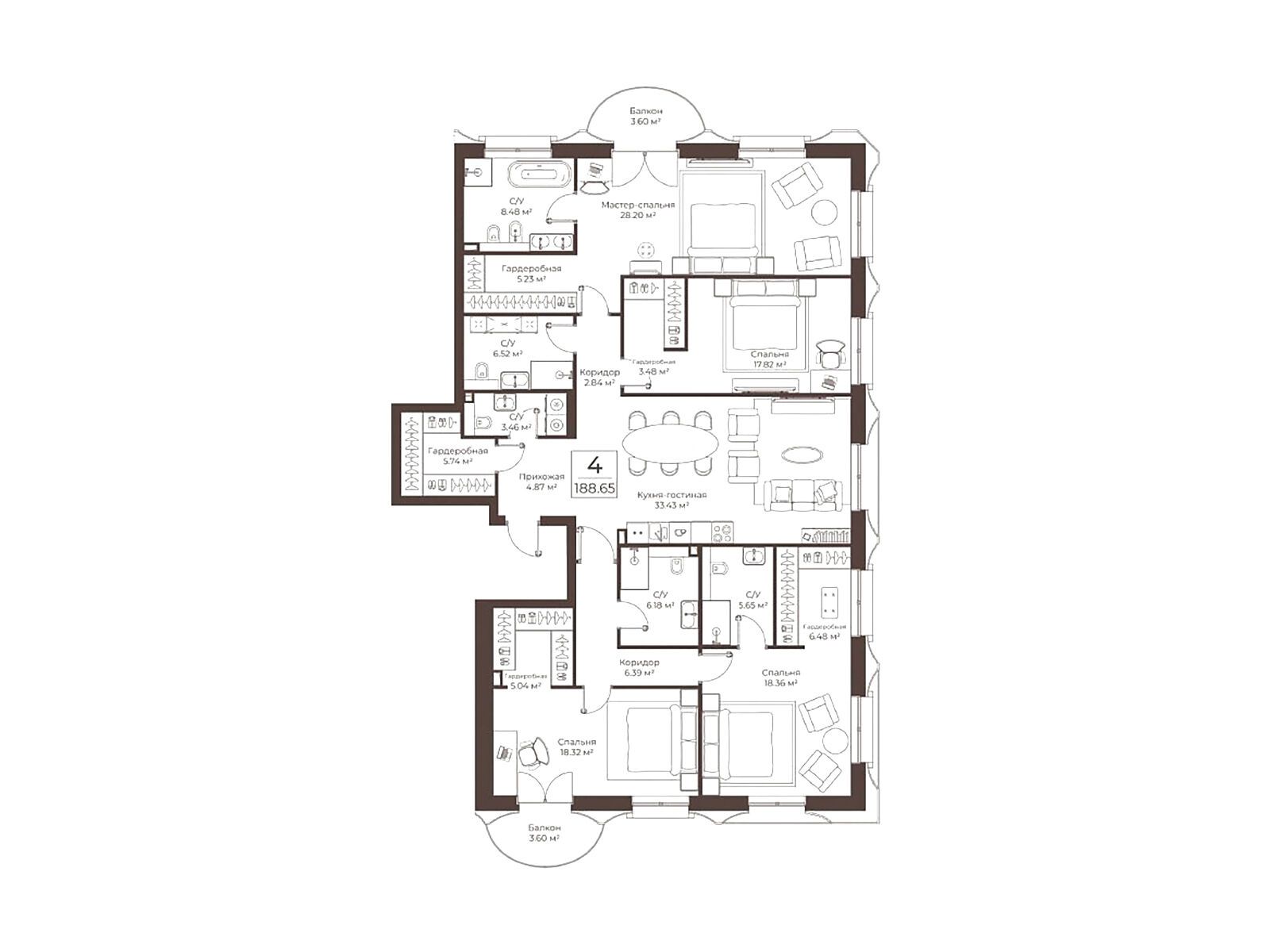 Планировка: 4-комн. квартира 188.65 м² в новостройке Клубный дом Воронцовъ