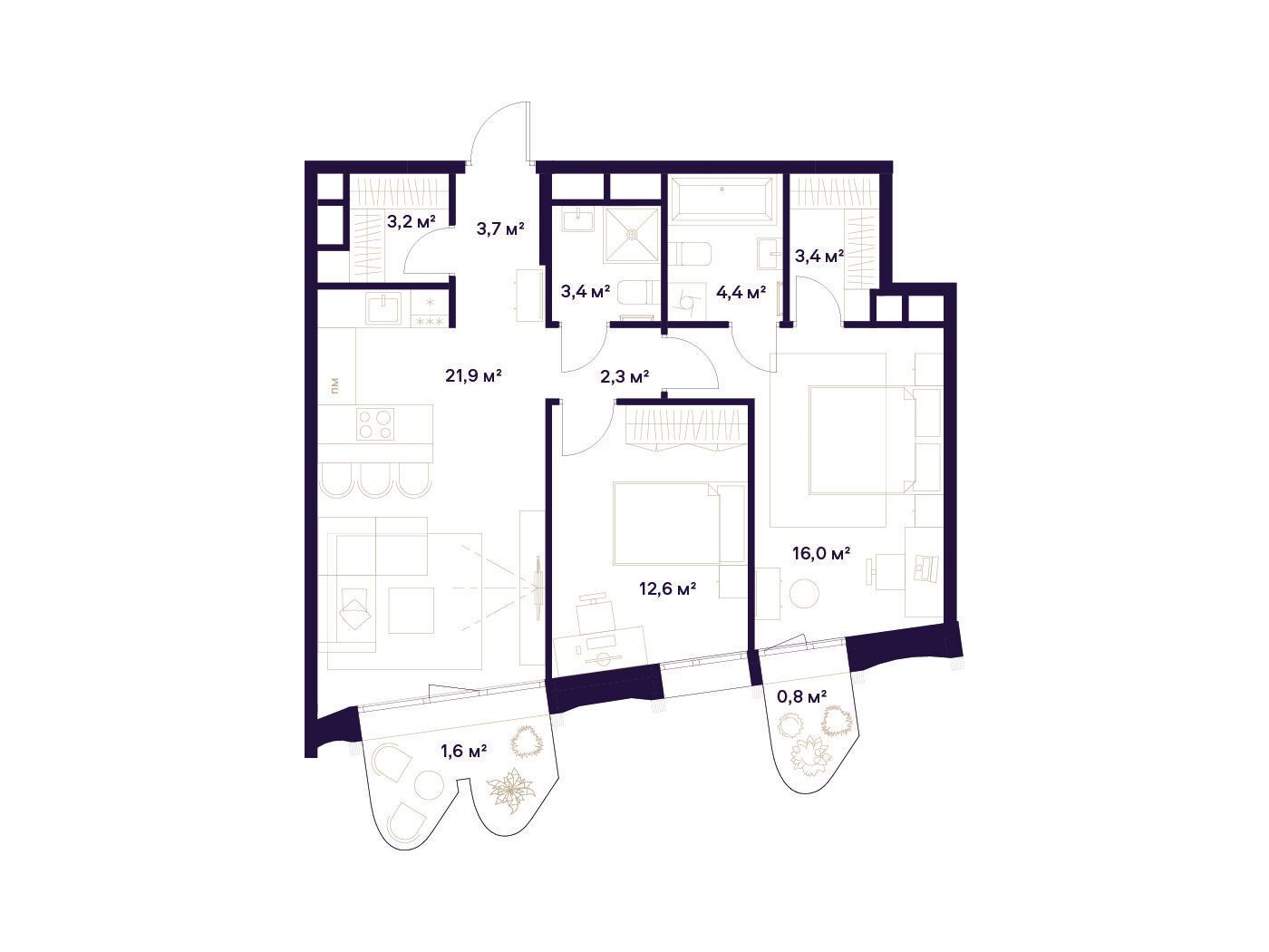 Планировка: 2-комн. квартира 73.30 м² в новостройке Союз