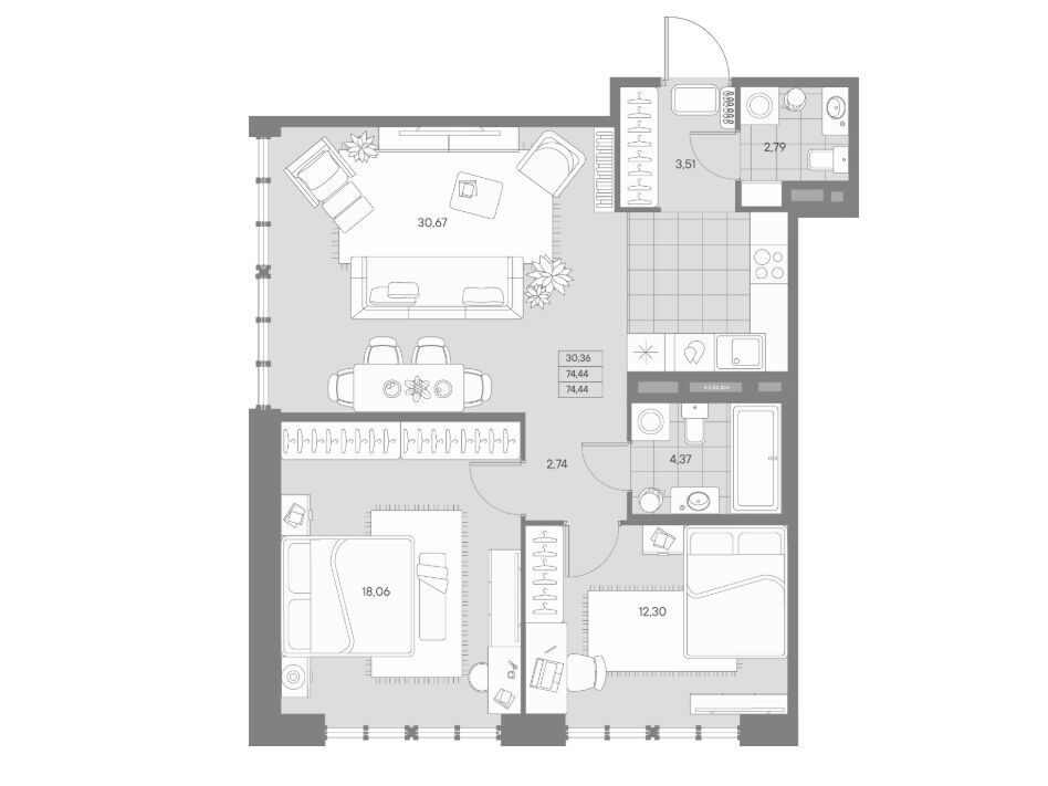 Планировка: 2-комн. квартира 74.44 м² в новостройке Авант