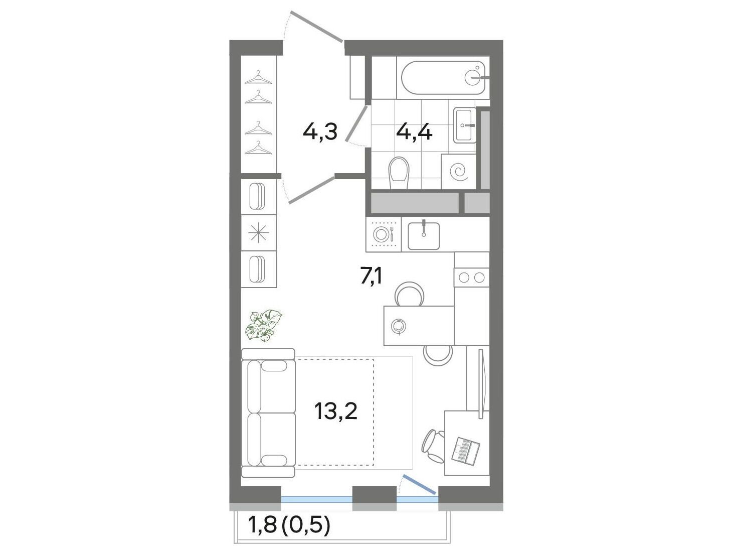 Планировка: Студия 29.80 м² в новостройке Джи Три Театральный