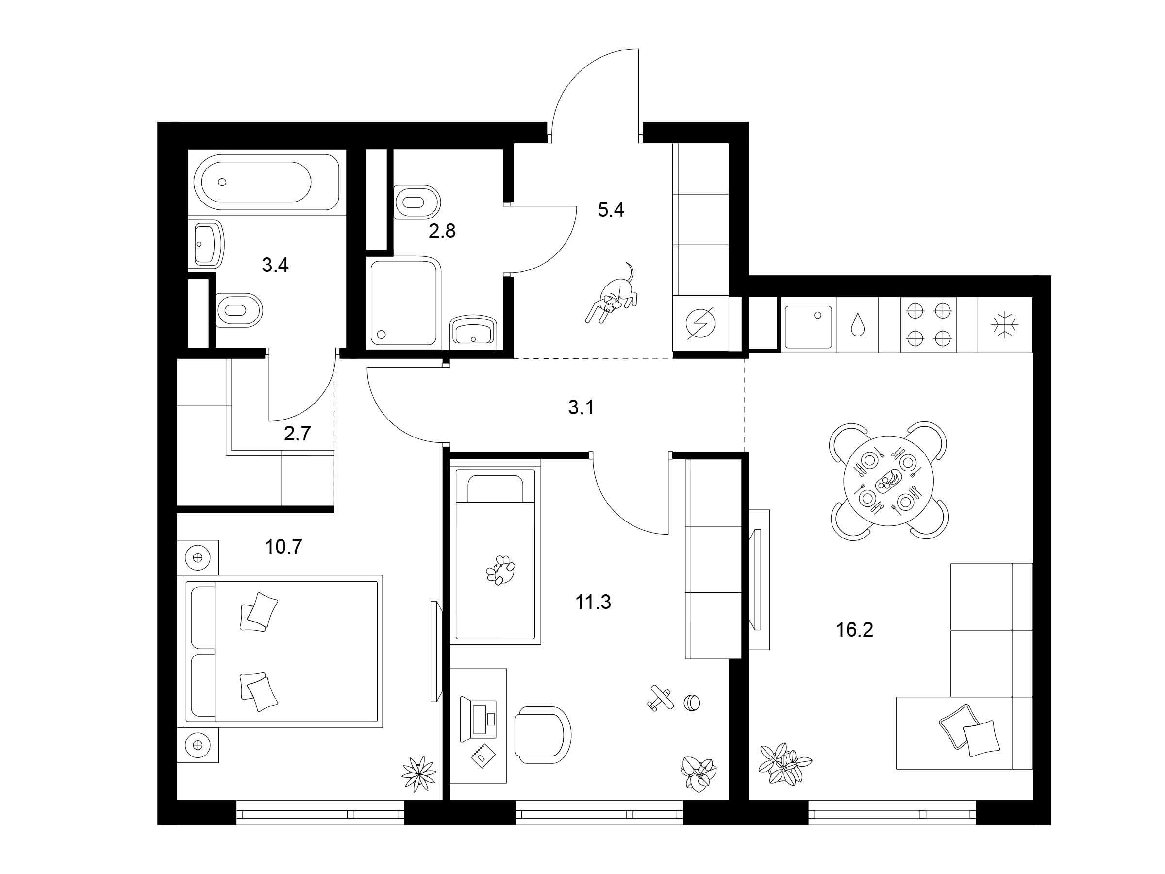 Планировка: 2-комн. квартира 55.60 м² в новостройке Руставели 14