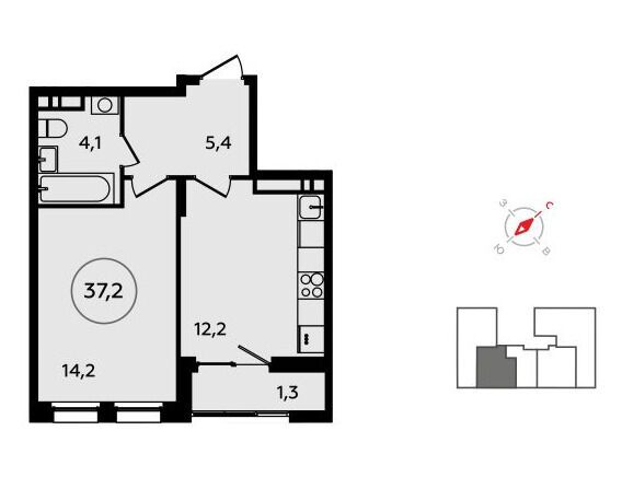 Планировка: 1-комн. квартира 37.20 м² в новостройке ЖК Прокшино