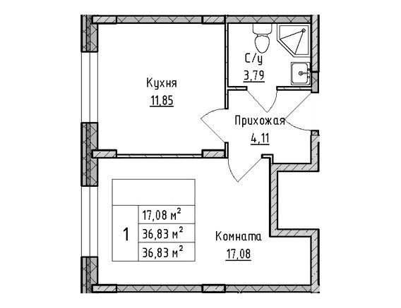 Планировка: 1-комн. квартира 36.83 м² в новостройке Верево-Сити