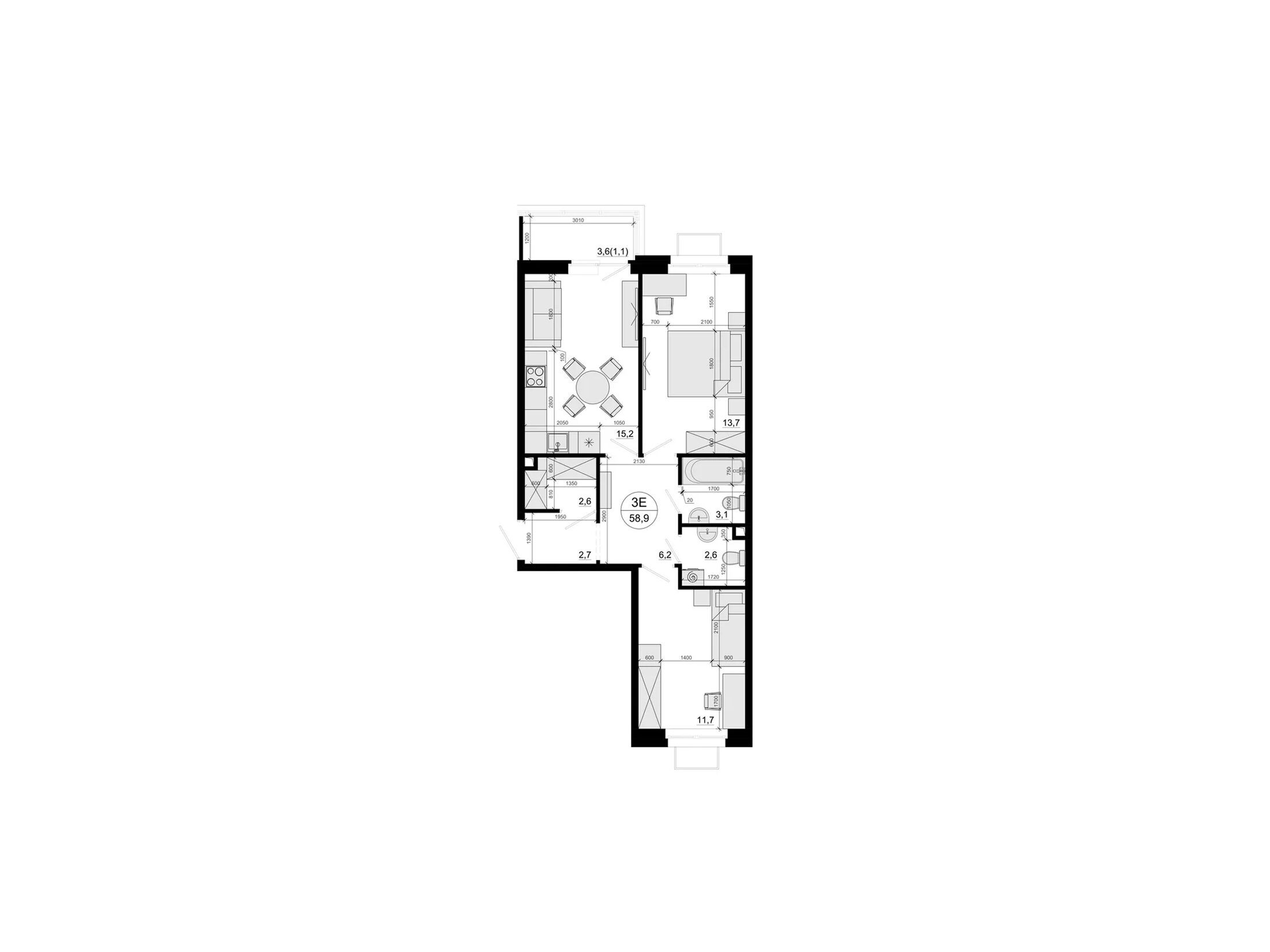 Планировка: 2-комн. квартира 59.20 м² в новостройке ЖК Одинцовские кварталы