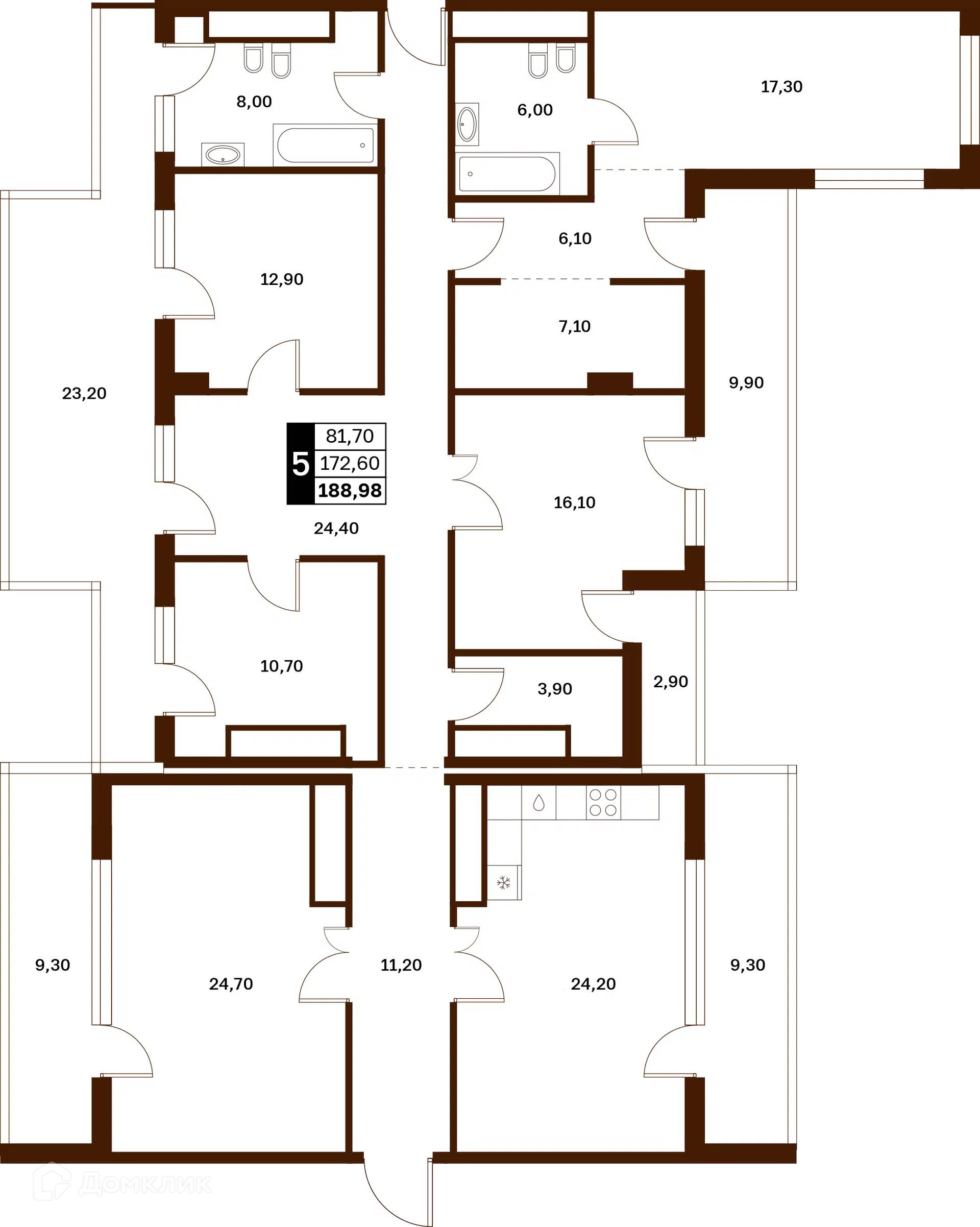 Планировка: 5-комн. квартира 188.98 м² в новостройке Аксис Патриот