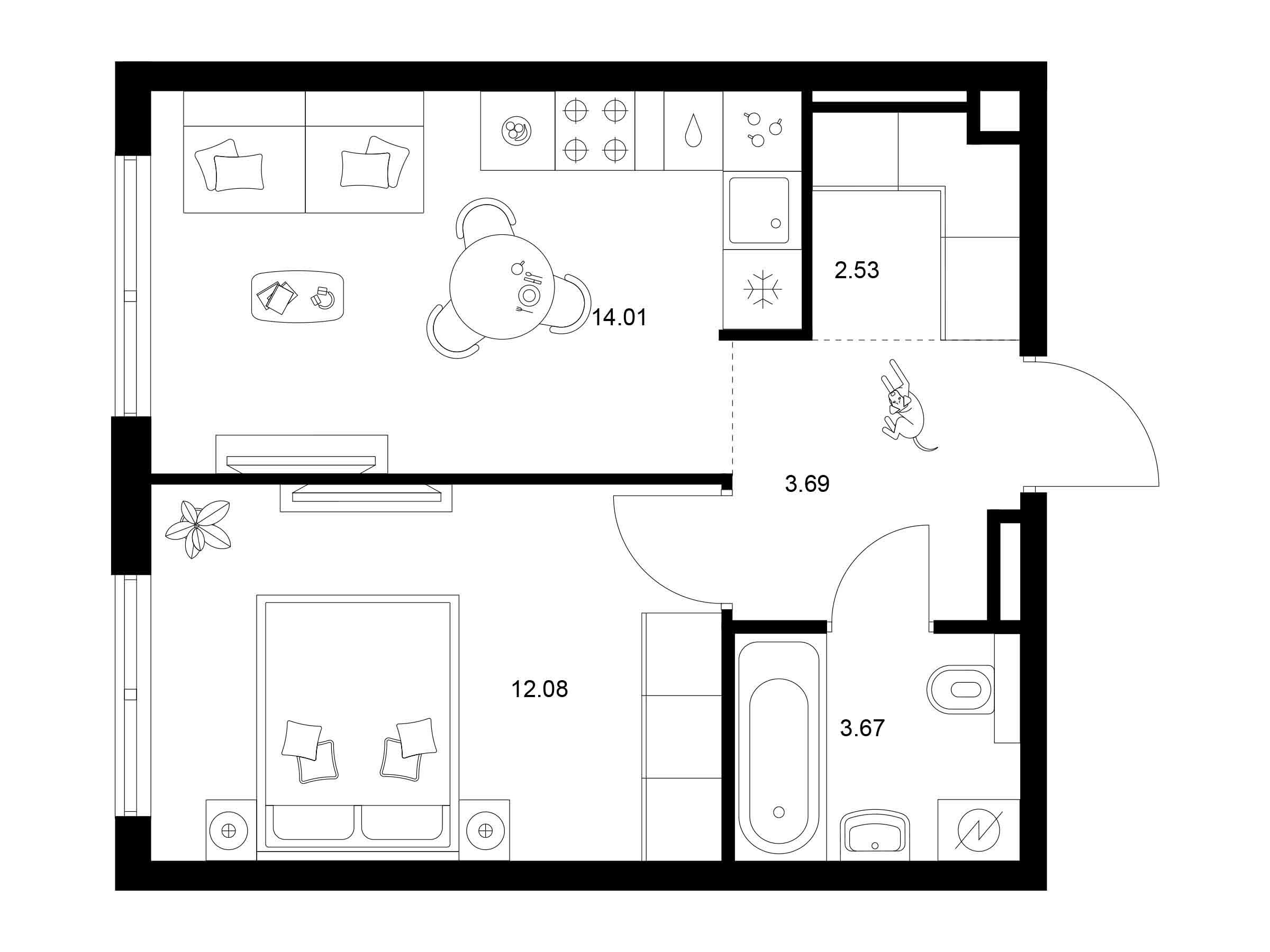 Планировка: 1-комн. квартира 35.98 м² в новостройке Квартал Мит