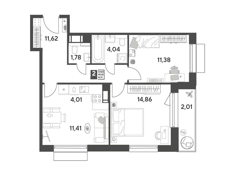 Планировка: 2-комн. квартира 61.11 м² в новостройке Публицист