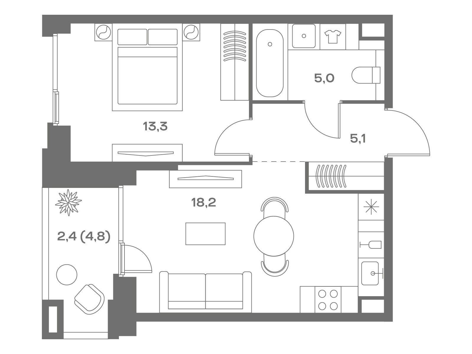 Планировка: 1-комн. квартира 44.00 м² в новостройке ЖК Соул
