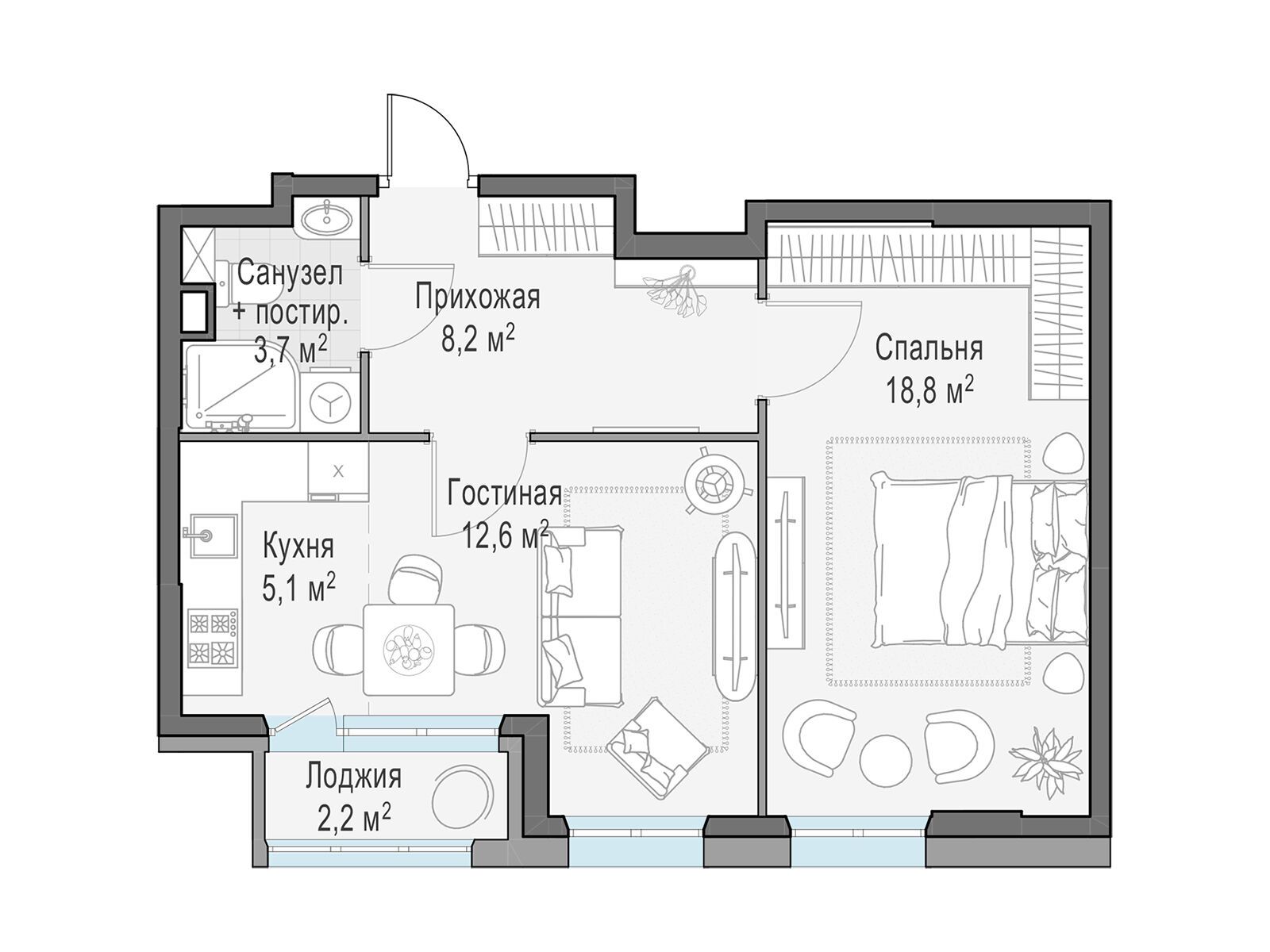 Планировка: 1-комн. квартира 49.50 м² в новостройке Филатов луг