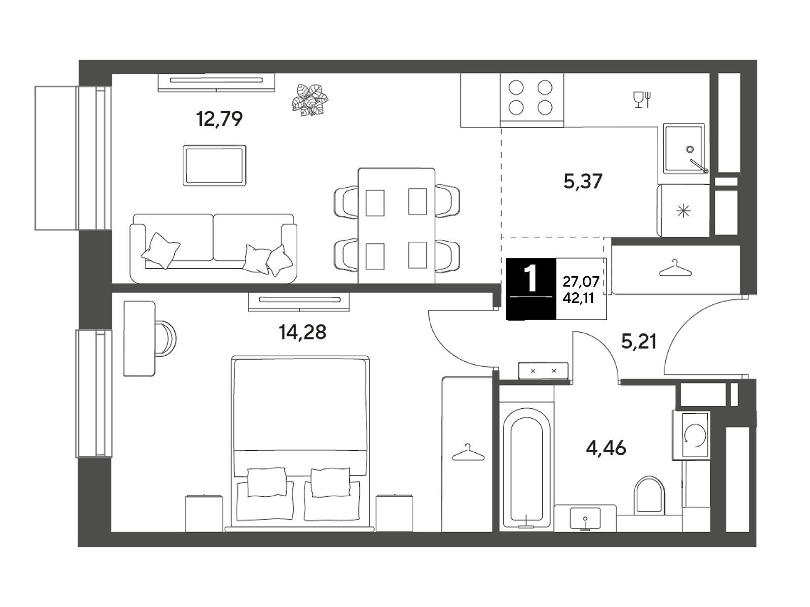 Планировка: 1-комн. квартира 42.11 м² в новостройке Публицист