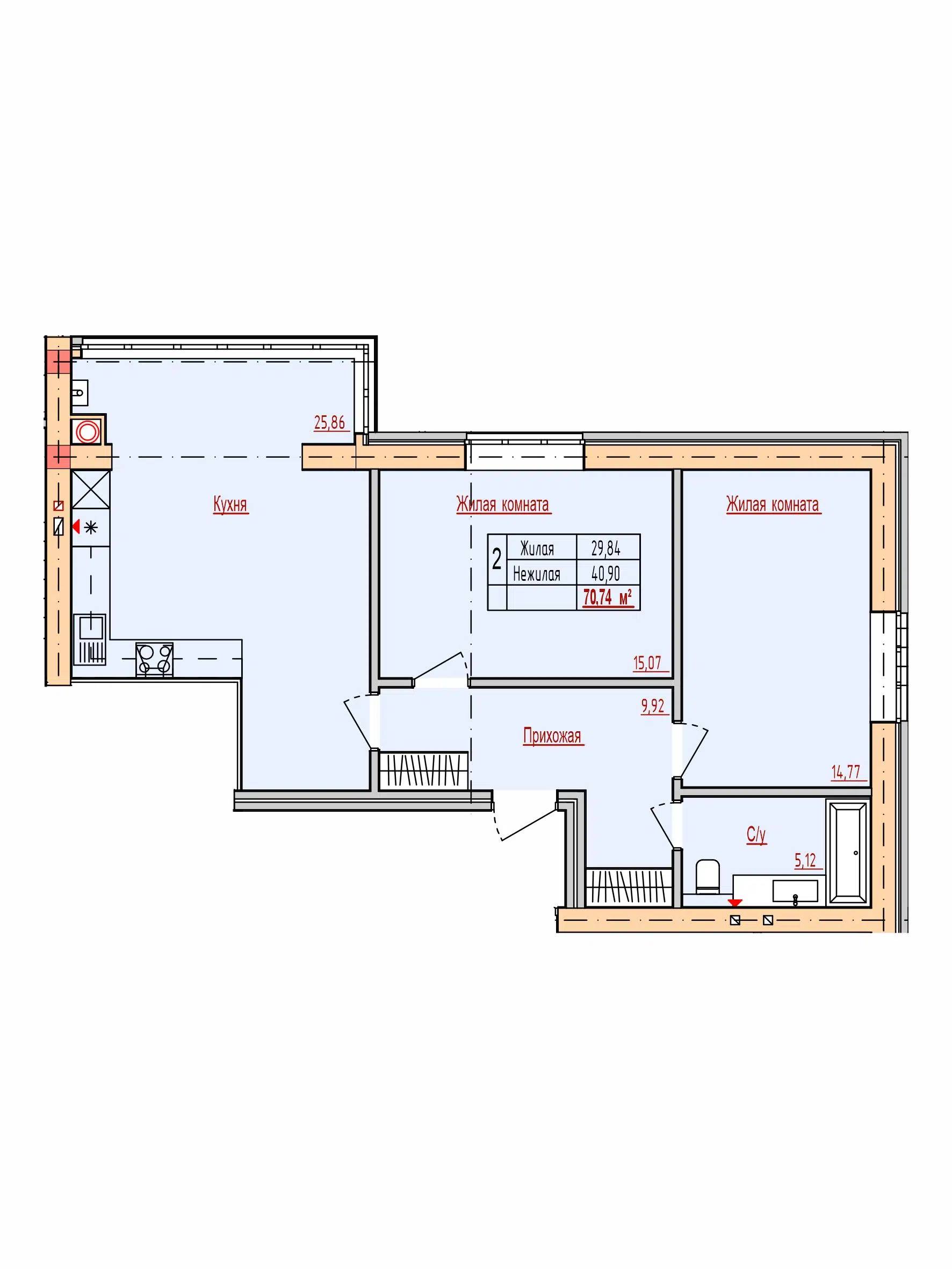 Планировка: 2-комн. квартира 70.74 м² в новостройке По ул. Радонежская