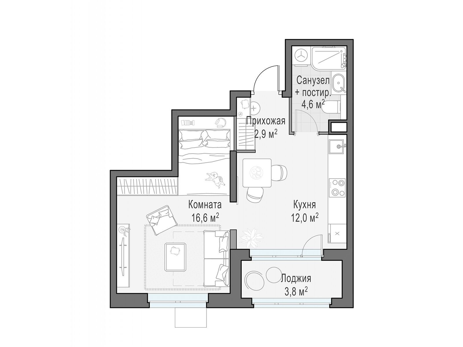 Планировка: 1-комн. квартира 35.90 м² в новостройке Новое Медведково