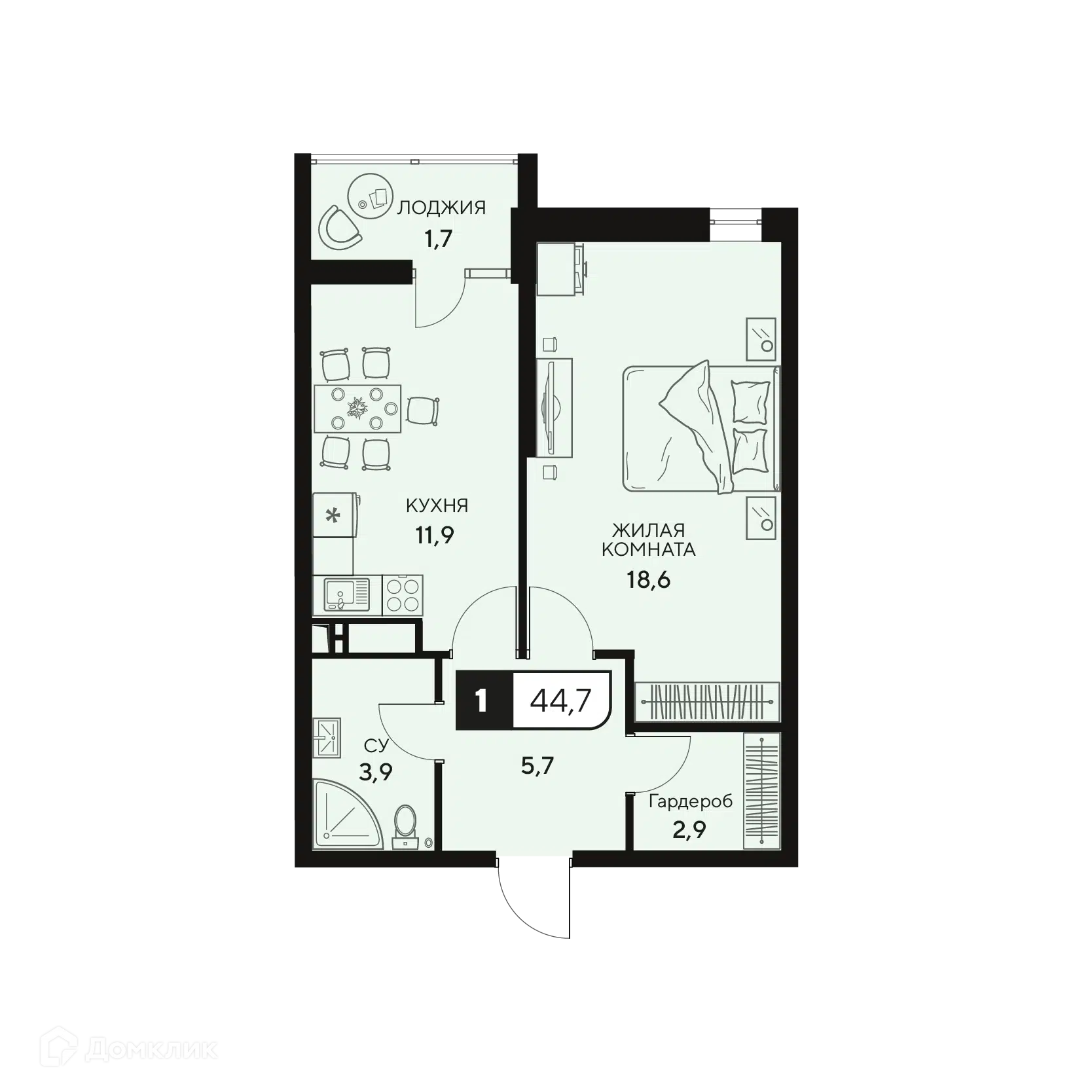 Планировка: 1-комн. квартира 44.70 м² в новостройке 18/3