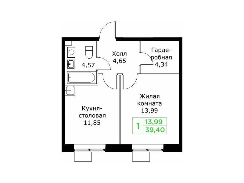 Планировка: 1-комн. квартира 39.50 м² в новостройке Кит 2