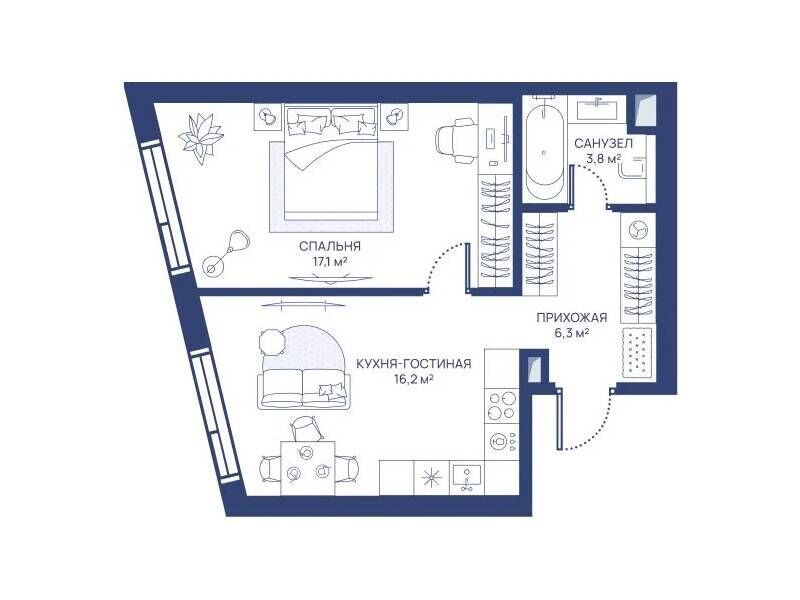 Планировка: 1-комн. квартира 43.40 м² в новостройке Свет