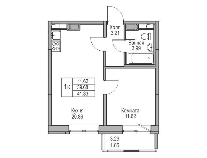 Планировка: 2-комн. квартира 41.33 м² в новостройке Юнтолово
