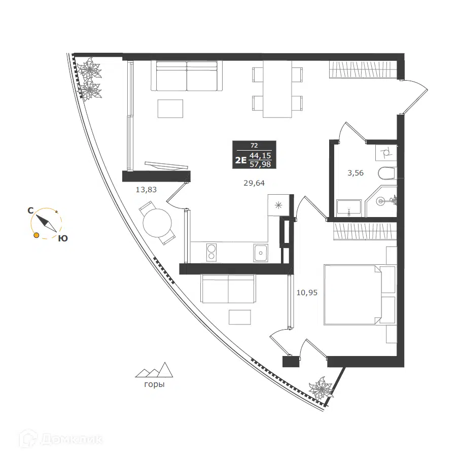 Планировка: 2-комн. квартира 57.98 м² в новостройке Апарт-комплекс Паруса мечты
