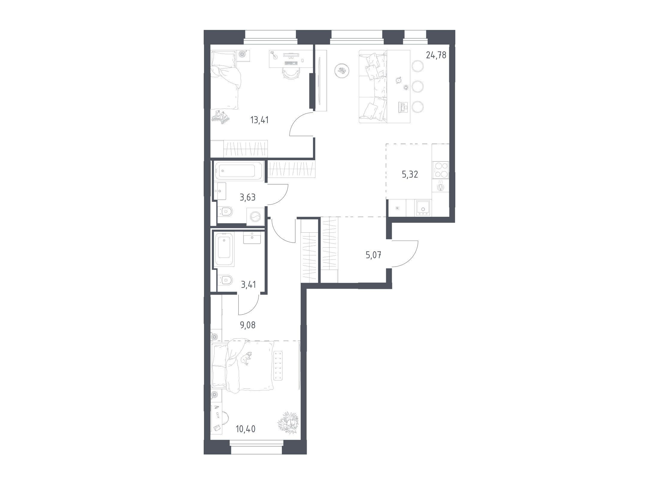 Планировка: 2-комн. квартира 75.10 м² в новостройке Заречье Парк