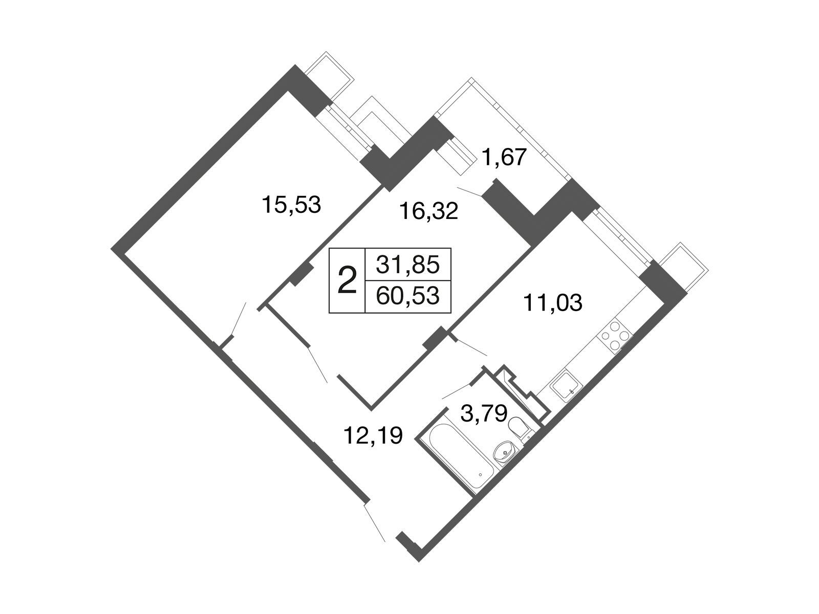 Планировка: 2-комн. квартира 58.80 м² в новостройке Времена года