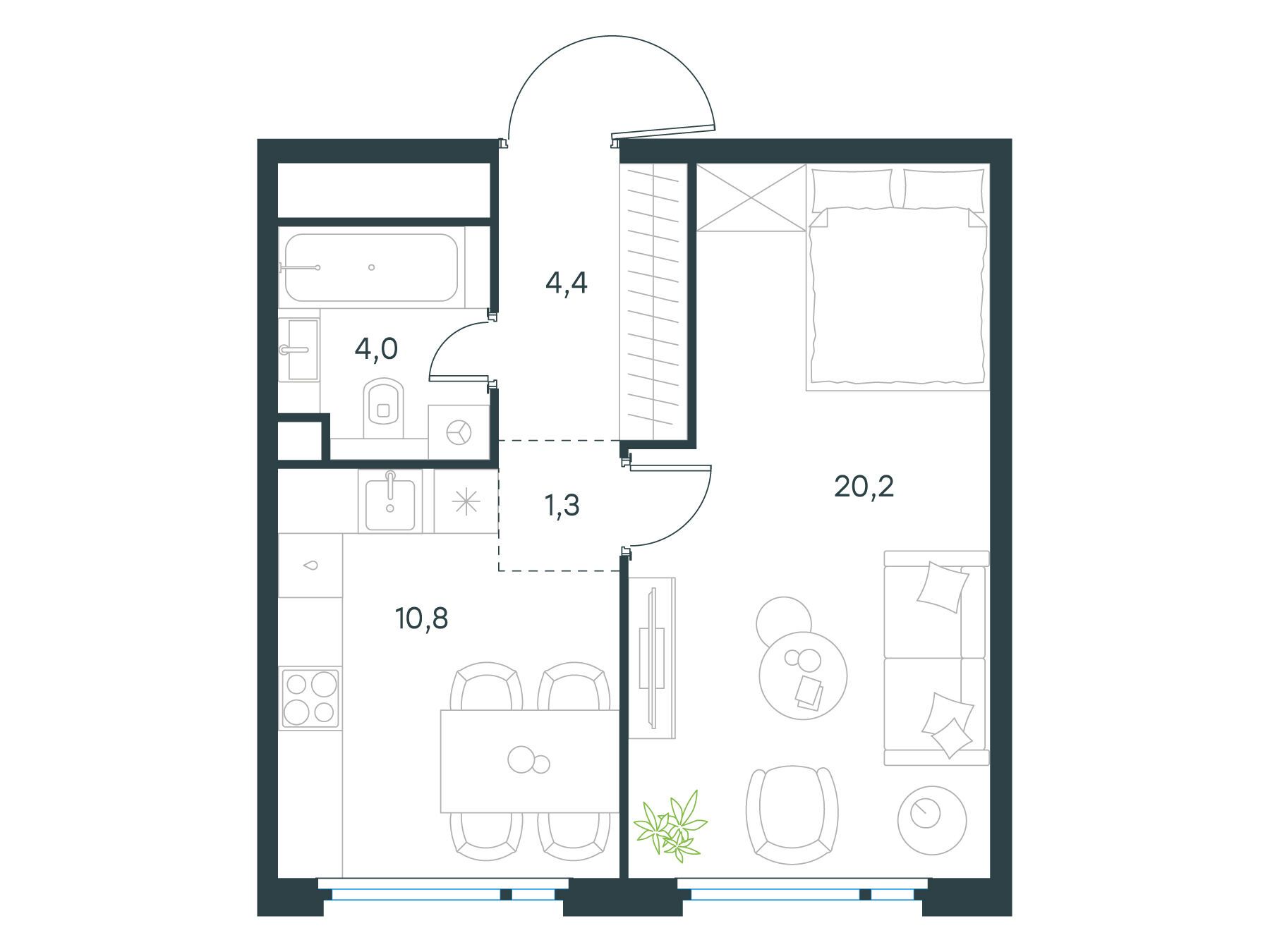 Планировка: 1-комн. квартира 40.70 м² в новостройке Левел Нижегородская