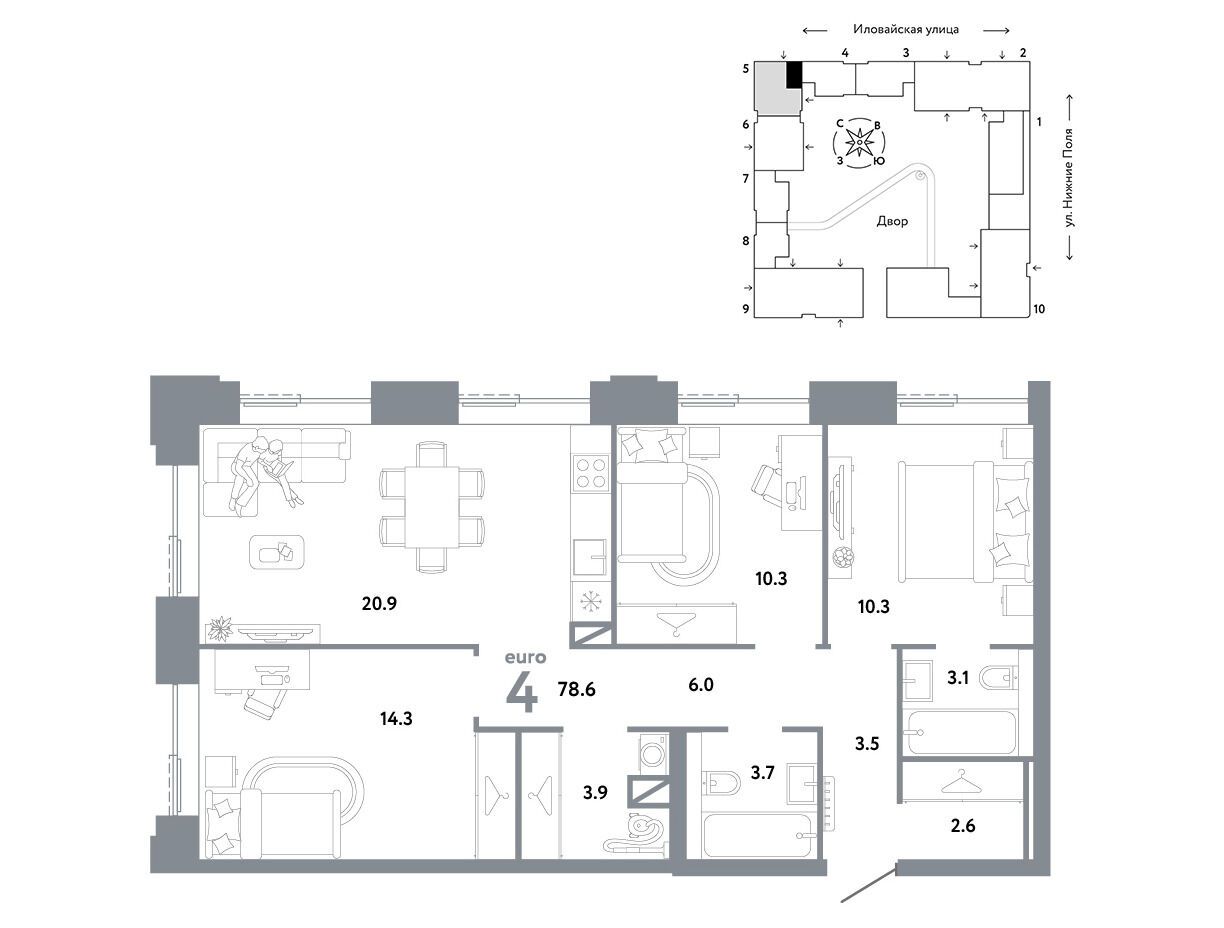 Планировка: 4-комн. квартира 78.60 м² в новостройке Страна. Заречная
