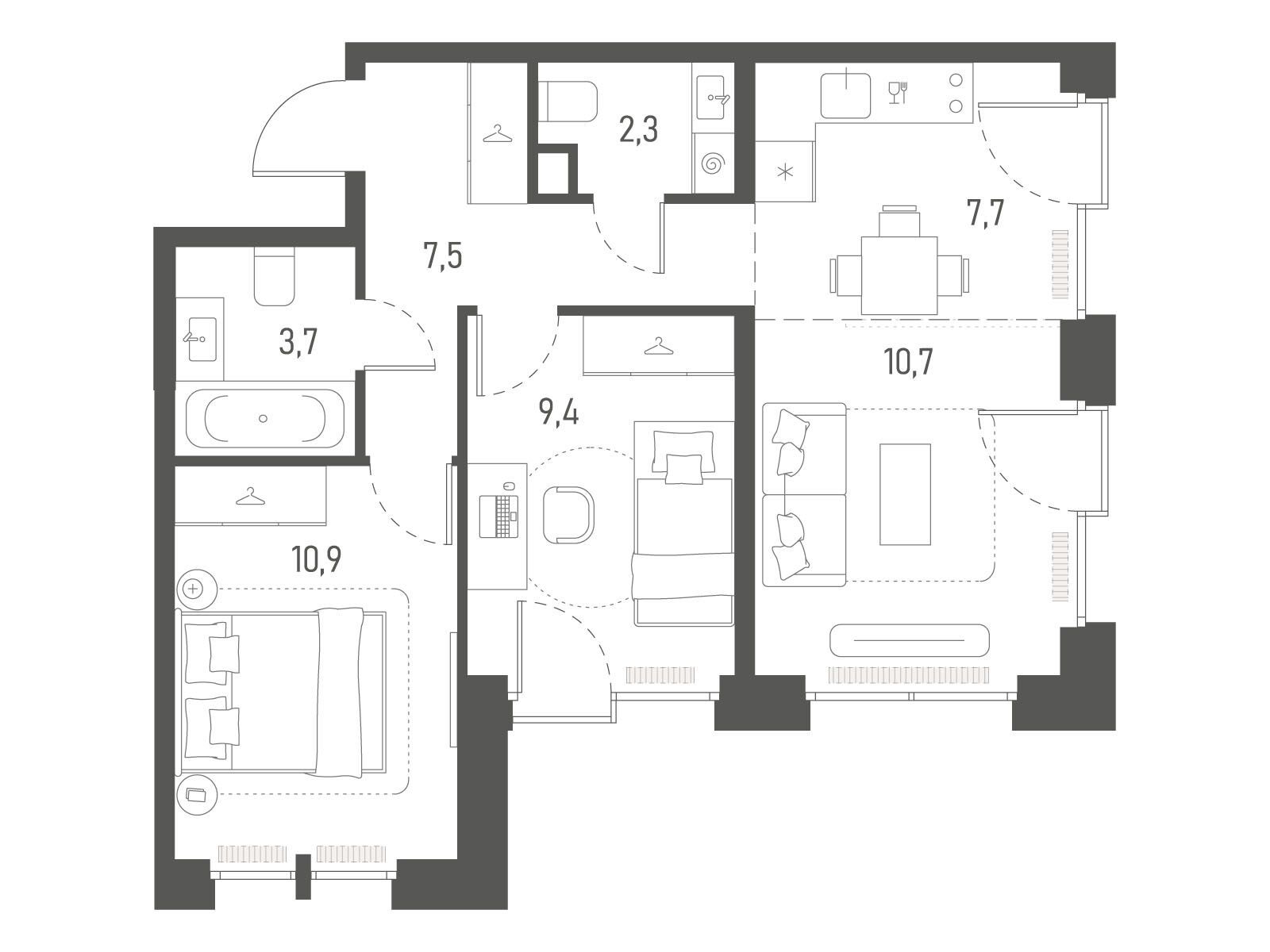 Планировка: 2-комн. квартира 52.20 м² в новостройке Среда на Лобачевского