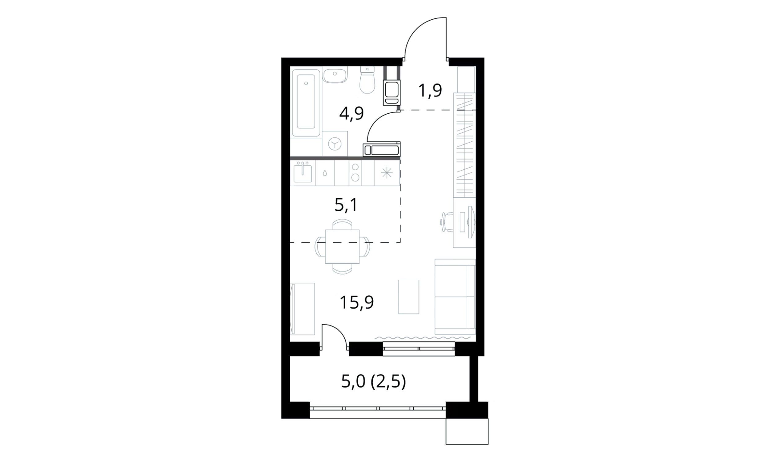Планировка: Студия 30.30 м² в новостройке ЖК 1-й Саларьевский (Первый Саларьевский)