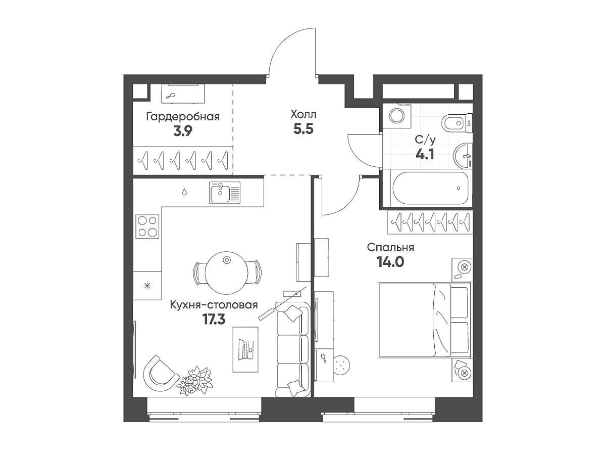 Планировка: 1-комн. квартира 44.80 м² в новостройке Мариин Парк