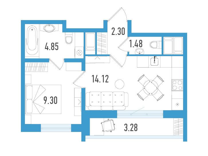 Планировка: 1-комн. квартира 33.03 м² в новостройке Южный форт