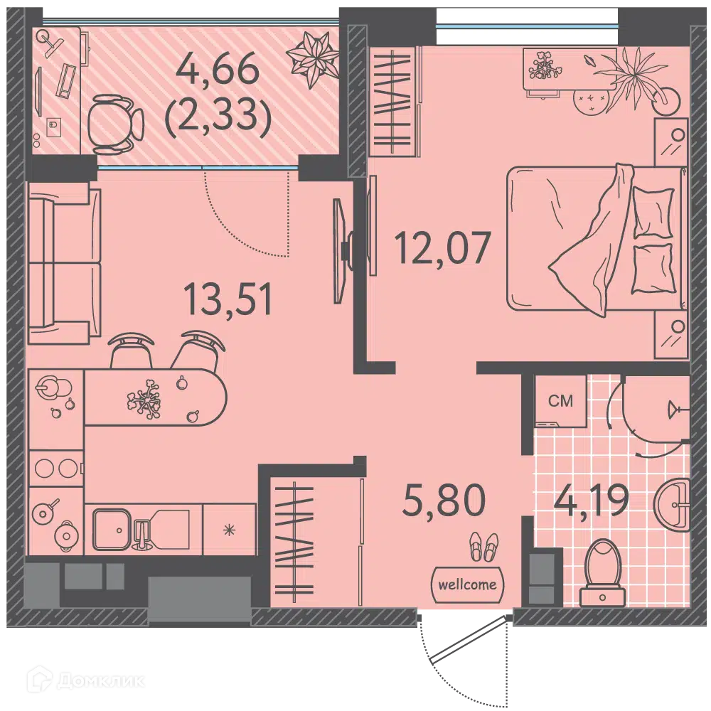 Планировка: 1-комн. квартира 36.90 м² в новостройке Друзья
