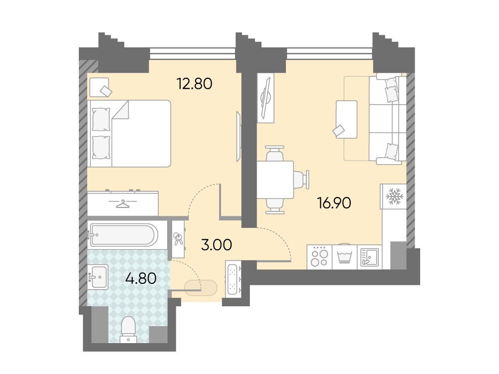 Планировка: 1-комн. квартира 37.50 м² в новостройке Обручева 30