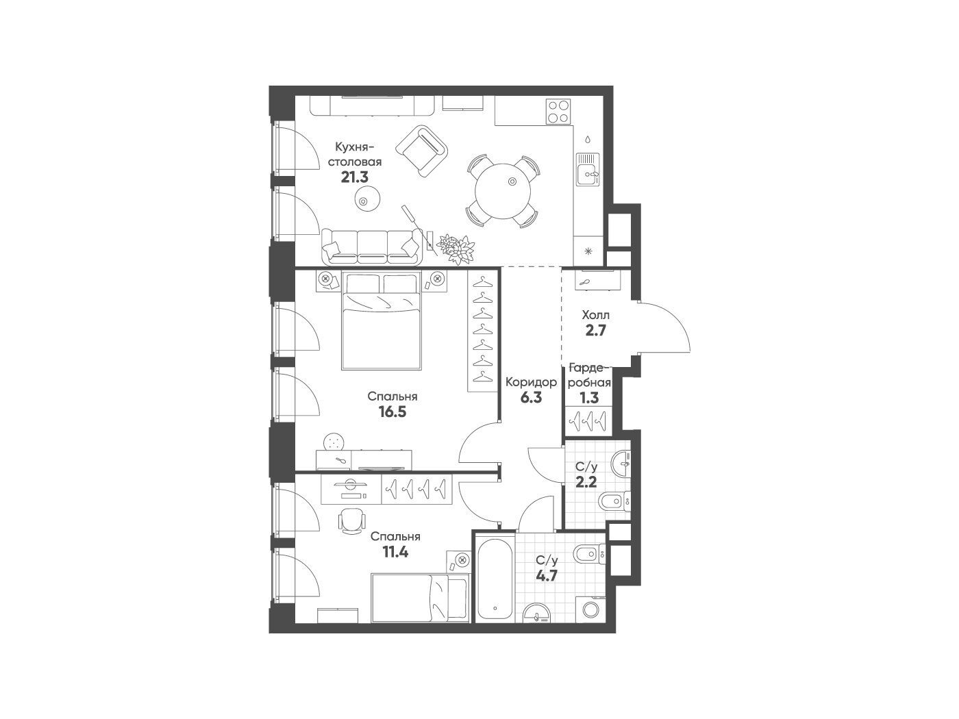 Планировка: 2-комн. квартира 66.40 м² в новостройке Мариин Парк