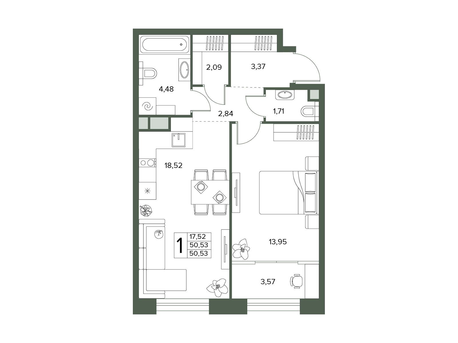 Планировка: 1-комн. квартира 50.53 м² в новостройке Городской бор