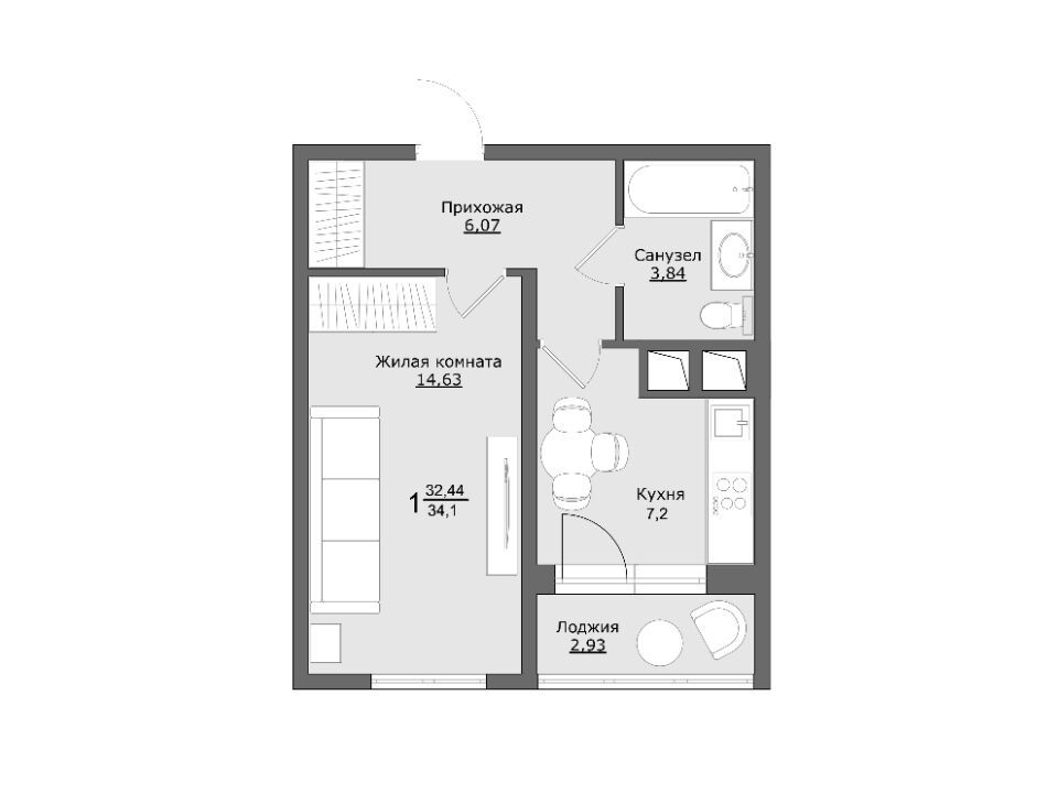 Планировка: 1-комн. квартира 33.90 м² в новостройке Клевер
