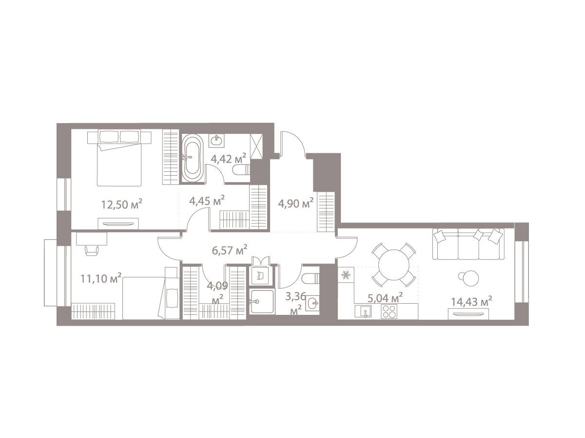 Планировка: 2-комн. квартира 70.87 м² в новостройке Лайф Варшавская