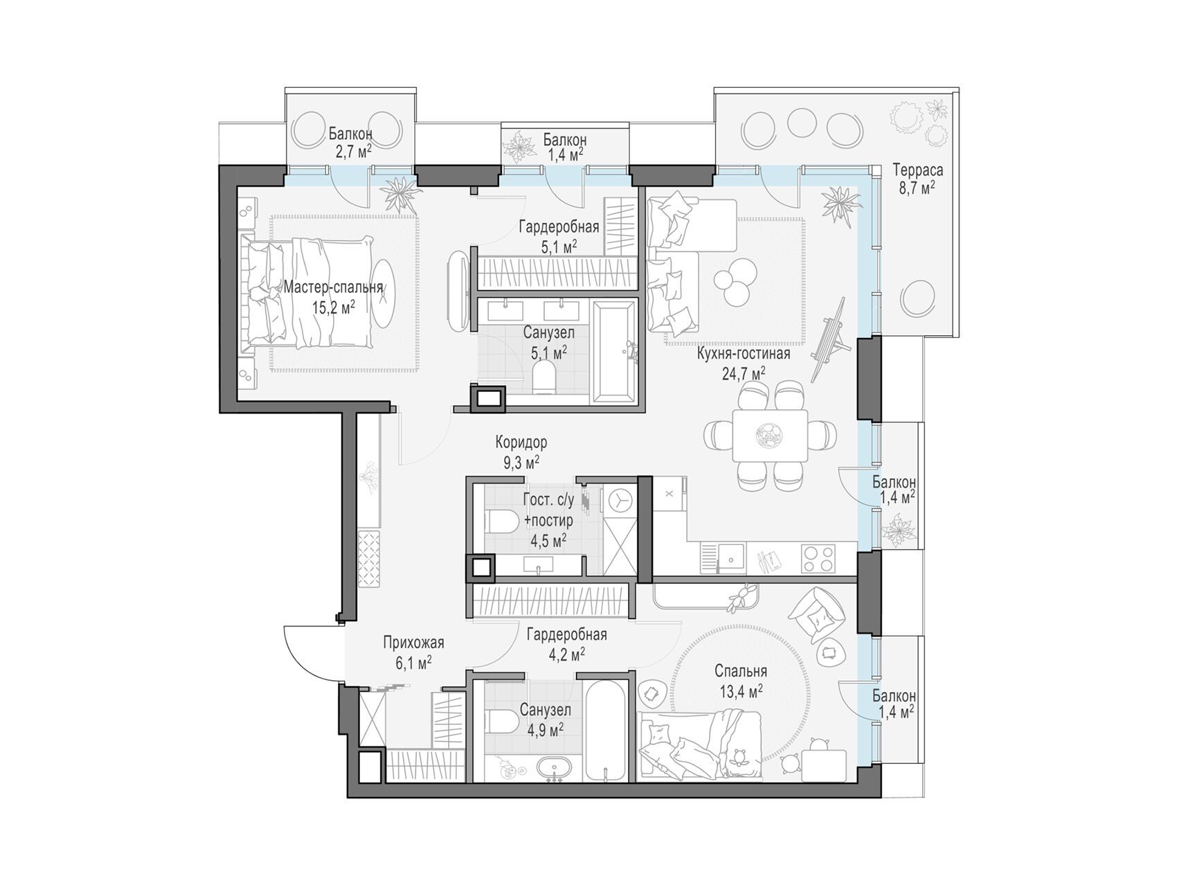 Планировка: 2-комн. квартира 96.70 м² в новостройке Тишинский бульвар
