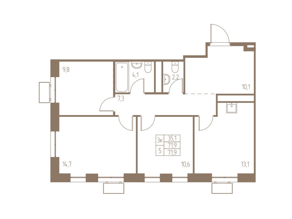 Планировка: 3-комн. квартира 71.90 м² в новостройке Фабрикант