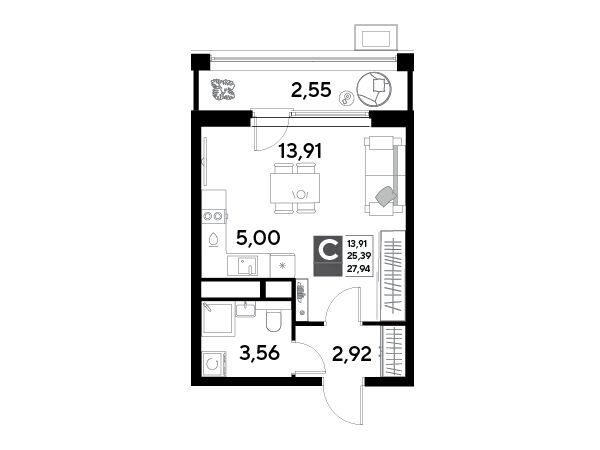 Планировка: Студия 27.94 м² в новостройке Эво