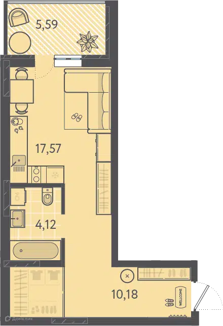 Планировка: Студия 33.55 м² в новостройке Теплые Края 1 очередь