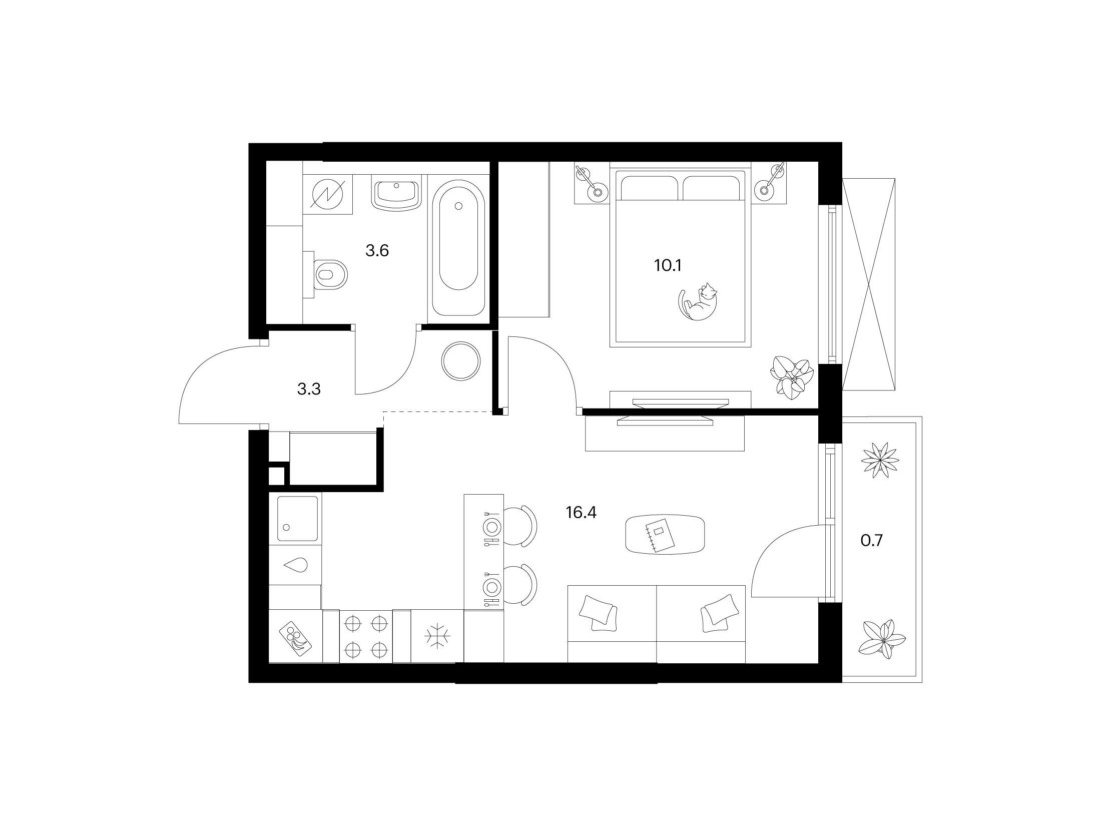 Планировка: 1-комн. квартира 34.10 м² в новостройке Мичуринский парк