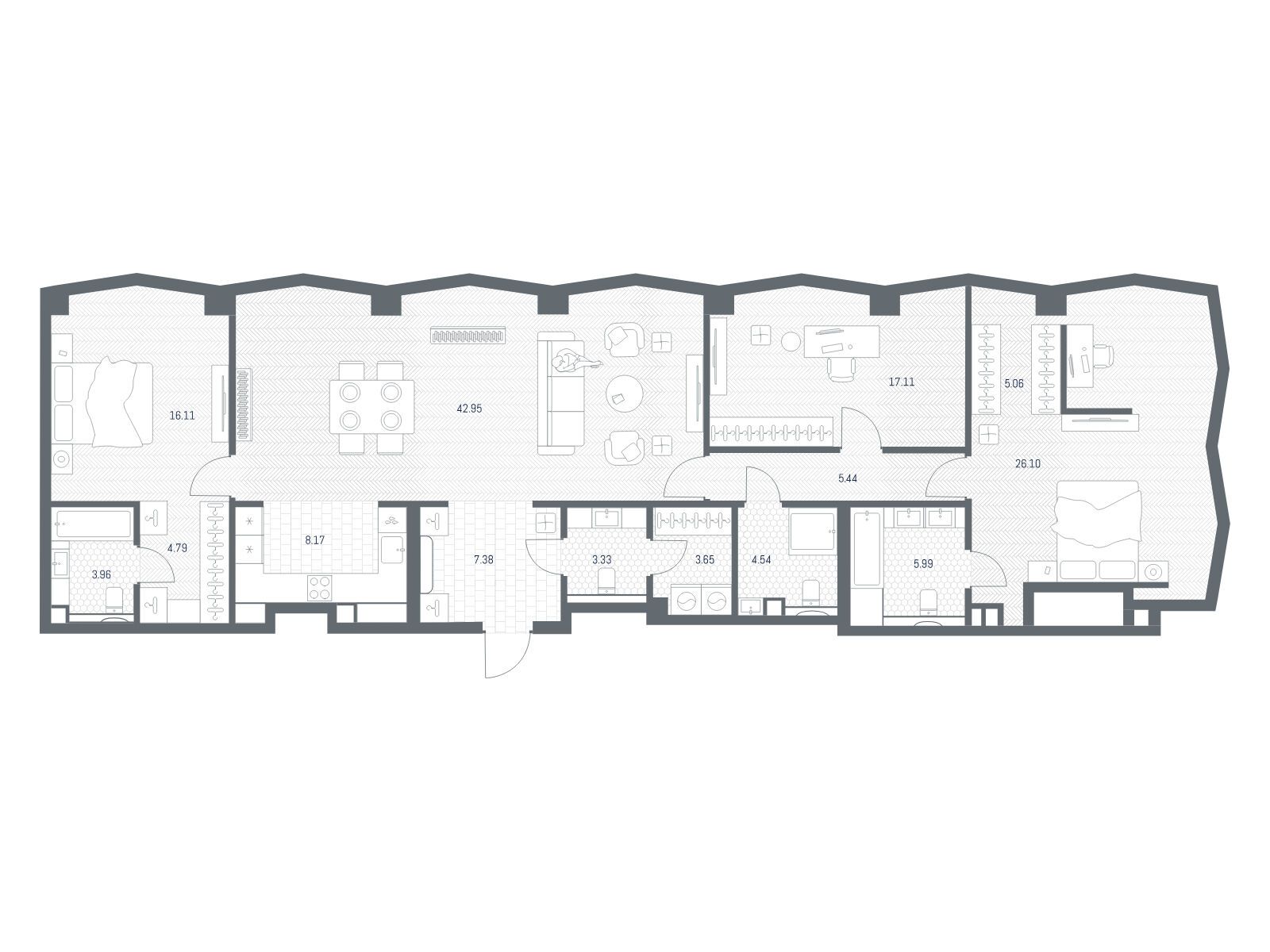 Планировка: 3-комн. квартира 152.95 м² в новостройке Тейт